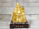 Phật di lạc vàng bóng tay cầm hồ lô vàng túi tiền vàng trên đống vàng LN189
