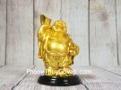 Phật di lạc vàng bóng tay cầm nén vàng hồ lô vàng đứng trên đế gỗ tròn LN193